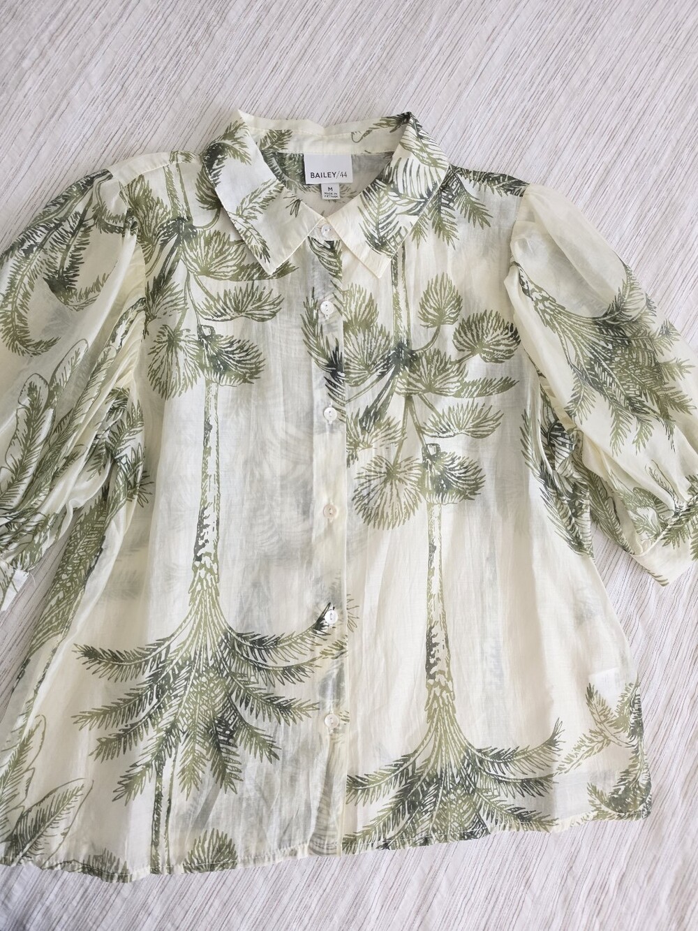 Bailey 44 Anthropologie Cream & Olive Palm-Print Button Front Blouse